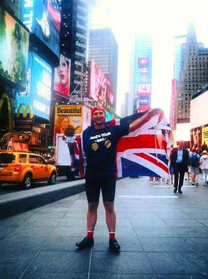 Road trip – a delighted Kyle Williams celebrates after the team arrive in New York