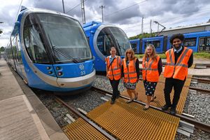 DWP recruitment event to find tram drivers of the future for the Midland Metro. Pictured at the Wednesbury depot - Margarita Rybakova, Cathy Taylor - DWP,  Claire Scrimshire, head of HR at West Midlands Metro and Mario Pina.