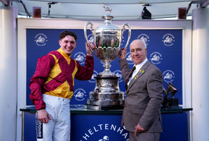 Shropshire jockey Henry Crow (left) and trainer Joe O'Shea with the trophy after Barton Snow won the Princess Royal Challenge Cup Open Hunters' Chase on day four of the Cheltenham Festival. Picture: PA
