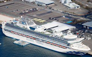 The quarantined Diamond Princess cruise ship anchored at a port in Yokohama, near Tokyo