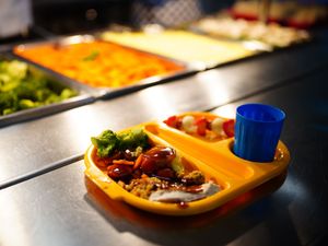 A tray of food in a school canteen