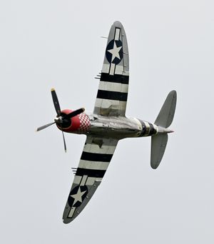 A P47D Thunderbolt soars above the crowd