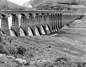 The reservoir in the Elan Valley pictured during the great drought during the summer of 1976. This is the Garreg Ddu dam. 