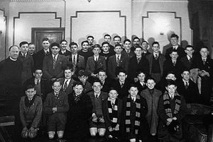Children at the Roman Catholic school at Pell Wall Hall, Market Drayton, with Tom Baker top right.
