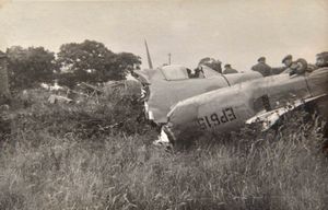 The wreckage of Alex Henshaw's Spitfire after it crashed in Wednesfield