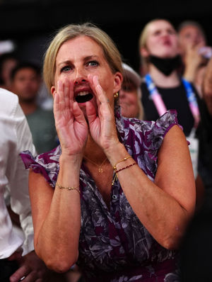 The Duchess of Edinburgh cheers on the Great Britain Women's Team Sprint team in the gold medal finals. Photo: David Davies/PA Wire