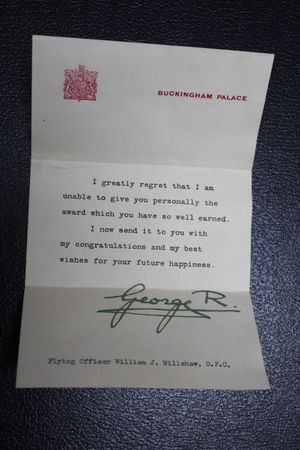 The letter from Buckingham Palace that accompanied the D.F.C.