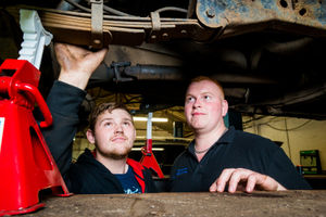 Bar Motor Company in Shrewsbury. Workshop foreman Jay Smith with apprentice Jay Smith