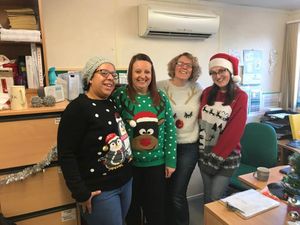 Christmas Jumper day at Sims Metal Management, Smethwick. Left to right:Vikkie Greer, Lynette Evans, Helen Neal and Rebecca Southall.