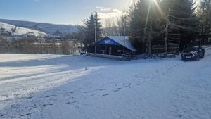 Snow in Rattlinghope at Farmer Phil's festival field