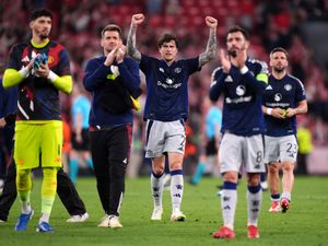 Manchester United players celebrate after the Europa League semi-final first leg match away at Athletic Bilbao