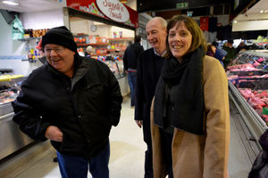 Labour leadership candidate Jess Phillips chats with a shopper during her visit.