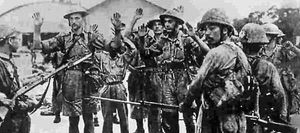 Officers from the British army are pictured surrendering to the Japanese troops in Singapore on February 15, 1942