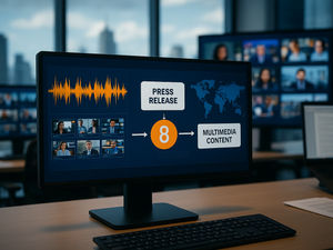 A monitor in Magic PR’s newsroom shows the press-release pipeline that turns statements into multimedia content.