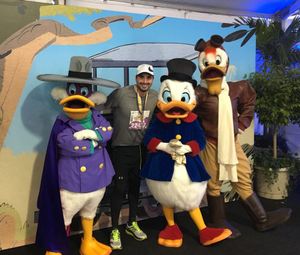 Nathan Judah with Disney companions after finishing 48.6miles 