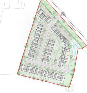 A graphic showing the outline of the 35 house development in Presteigne.From BBA architecture via PCC