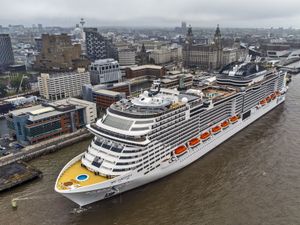 The cruise ship MSC Virtuosa moored at Liverpool Cruise Terminal