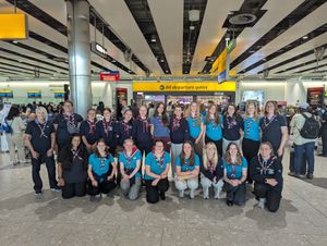 The Girl Guides in their uniform at the airport ahead of the trip to Tanzania