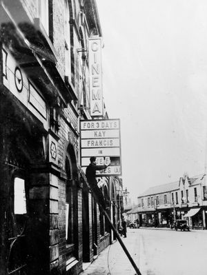 The Town Hall Cinema, Wellington, in the 1930s. The film being advertised is Kay Francis in Sweet Aloes. Sweet Aloes was a 1936 film. This picture is from Mrs Lynne Purcell, and is from the collection of her late father Fred Brown, who came from Wellington and was a historian of Wellington area cinemas, pubs, and so on. On leaving school at 14 in 1937 he was an assistant projectionist at the Regal cinema at Hadley, and then was projectionist at the Clifton cinema in Wellington from 1938 for 24 years. Later he was projectionist at the Grand Theatre in Wellington until it closed down. Lynne is from Telford and on 01952 617373. This picture was copied with her permission from her display at a Newport community event with history displays on Friday, June 15, 2018. Wellington cinema. Wellington cinemas. Library code: Wellington nostalgia 2018.