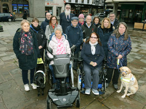 Representatives from the Guide Dogs Society, Shrewsbury Access Group and Safer Streets, ready to take a walk around the centre of Shrewsbury to look at the problem posed by A-boards