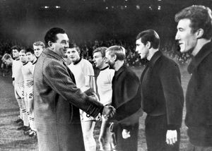 Shaking hands with Wolves players before the start of the game. Right to left: Fred Davies, Gerry Taylor, David Thompson, Pat Buckley, Fred Goodwin, Rowley, Graham Hawkins, Hugh McIlmoyle, Ken Knighton, Bobby Thomson, and Ron Flowers.