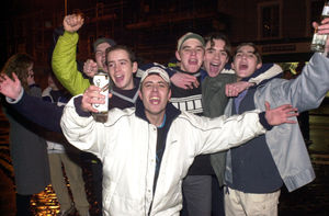 Cheers! Lads having fun ar Newport's Central Square one new year's eve