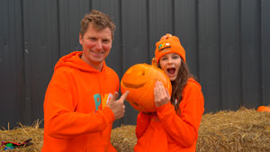 Farmer Richard Bower with Ruby Eglington (14) and her pumpkin at the award-winning PYO Pumpkins @ Lower Drayton Farm