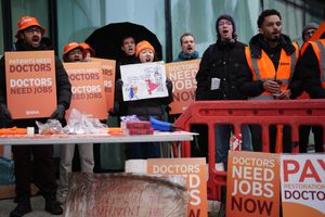 Resident doctors on the picket line outside Queen Elizabeth Hospital in Birmingham, on the first day of a five-day walkout over pay and jobs. Photo: Jacob King/PA Wire