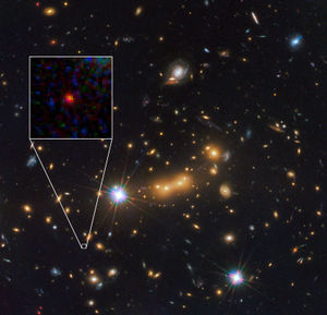 Hubble Space Telescope image of a cluster of stars 13.3 billion light years away, believed to be the most distant object ever observed