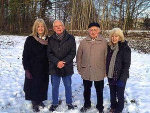 Debbie and Julie at the crash site with German eyewitnesses Herr Heuermen, left, and Herr Broening