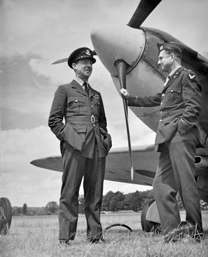 Sir Richard Leighton, who acted as the RAF's liaison officer with the Americans at Atcham airfield, with an American counterpart. A Spitfire forms the backdrop. Picture courtesy of Sir Michael Leighton.