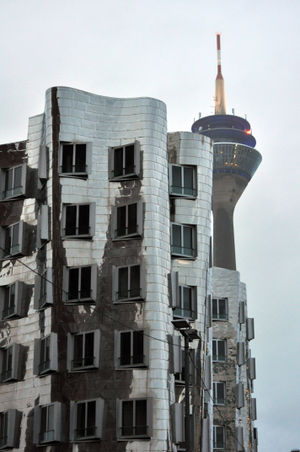 The Gehry Buildings, known as Dusseldorf’s ‘dancing houses’and the Rheinturm  