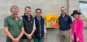 At the installation of the new defibrillator are (from left) Shropshire Rural Support chairman Andrew Bebb, Shrewsbury Auction Centre manager Jonny Dymond, Halls’ director James Evans, Cambers Country Stores manager Graham Pocock and Henry Angell-James Memorial Trust founder Sally Angell-James.