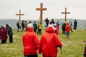 Good Friday Service in Ratlinghope on the hill beneath giant crosses.