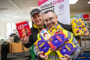 Simon and Dale with the Easter eggs donated by David Wilson Homes to Telford Crisis Support
