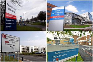 Clockwise from top left; New Cross Hospital, Walsall Manor, Sandwell Hospital and Dudley's Russells Hall