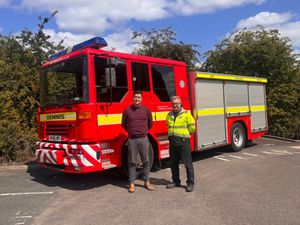 AED Donate’s Jamie Richardson with Jim Williams, director of Midlands FRS, and one of the Fire Engines that will be on display during Emergency Services Day