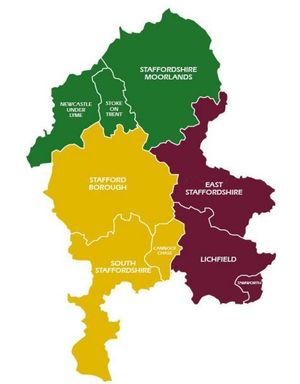 Proposal for North Staffordshire, South East Staffordshire and South West Staffordshire unitary councils. Image taken from Stafford Borough Council report.