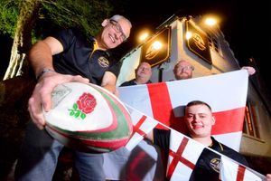 Manager Russell Dowson with the ball with fellow staff member Harry Jones and customers Paul Phillips and Darren Coombes