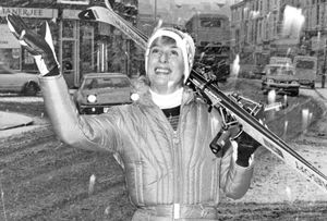 Skiing enthusiast Linda McLaughlin, from Cannock, was delighted by the snow when she arrived for work in Wolverhampton on a snowy January morning in 1983