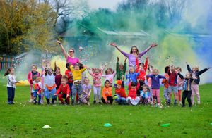 Priorslee Primary Academy School held a colour run, raising money for the Children's Ward at Princess Royal Hospital. Here is: staff: Evelyn Orme and Isabelle Cooke with Reception classes
