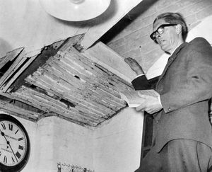 St Mary's Bluecoat CofE School, Hospital Street, Bridgnorth, pictured on Wednesday, December 1, 1965. The caption reads: 'The head's book store - in the roof.' So the gentleman must be the head, Mr Douglas Lawrence. The school was being described as a 'slum' because of dilapidated and decayed conditions. On Tuesday, December 7, 1965, it was evacuated following an architect's report saying the structure was in such bad condition that it could collapse or partially collapse in some circumstances. It seems that it effectively closed that day. The building dated from 1847 and was demolished in June 1970. 