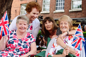Stella Tro, Kath Hampson, Corinne Richardson and Mrs Humphreys watch the Royal Wedding in Shrewsbury