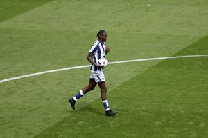 Ousmane Diakite runs back to the halfway line after reducing the deficit for West Brom during the trip to Blackpool (Photo by Adam Fradgley/West Bromwich Albion FC via Getty Images)