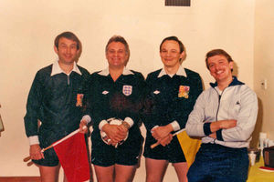 John Kyte (left) with referee Ken Baker (second left) before Nottingham Forest's game against Liverpool at the City Ground, December 28, 1985