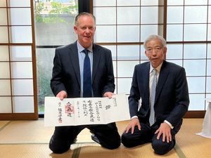 Sensei Mark Pickering 7th Dan Shihan receiving the highest honour from Moriteru Ueshiba Doshu in Japan.