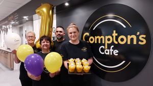 Tom Keen and the Compton's Cafe team celebrate the cafe's birthday