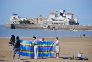 People on the beach at Weston-super-Mare in North Somerset.
