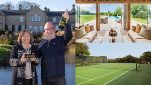 An image shows Ian and Viv Roberts in front of their new £4.5m Yorkshire home, along with images of the property's pool house and tennis court.