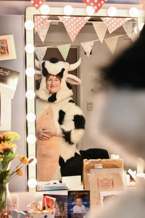 Doreen Tipton in her dressing room as Doreen the Cow. Photo: Simon Hadley